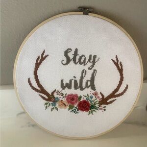 Stay Wild Floral Antler Cross-Stitch Hoop